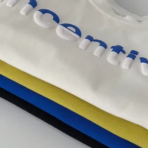 Detail of multi-colored long sleeve boy's shirts with 3D puff print lettering detail