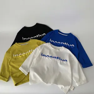 Kids Boys Girls Casual Long Sleeve T-Shirt Cotton Blend Letter Print 3D Puff Round Neck Pullover Top Black Blue White Yellow