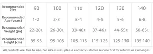 Size guide for children's casual pants showing height weight and age for 90-140cm sizes
