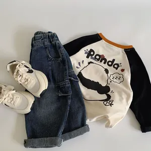 Kids long sleeve panda t-shirt and denim pants set for autumn casual daily wear