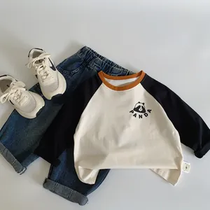 Kids long sleeve raglan T-shirt with panda graphic and denim jeans outfit set