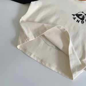 Kids cotton panda t-shirt with black sleeves and high-quality double-needle hem detail