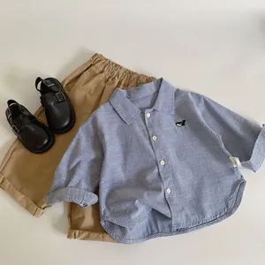 Kids blue striped shirt with whale embroidery and khaki pants casual outfit set