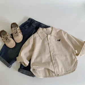 Toddler spring outfit set with striped whale embroidery shirt and denim jeans