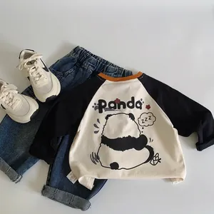 Kids Cotton Blend Long Sleeve Raglan T-Shirt Cute Panda Print Contrast Color Casual Top For Boys Girls Spring Autumn