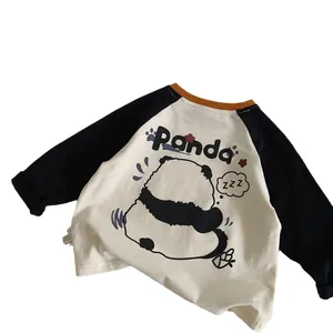 Kids long sleeve raglan T-shirt featuring a cute cartoon panda print on beige cotton
