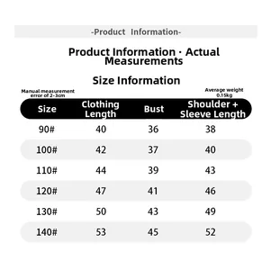 Size chart table for children's t-shirt showing lengths and measurements in cm