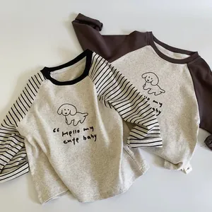 Two cotton long-sleeve baby t-shirts with cute dog prints and raglan striped sleeves