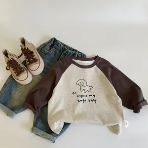 Korean style kids long sleeve T-shirt with dog print and raglan sleeves for toddlers