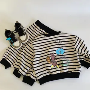 Toddler striped cotton tracksuit set with cute cartoon fox print and matching pants