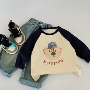 Kids long sleeve raglan T-shirt with bear print and blue denim pants outfit set