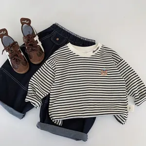 Kids long sleeve striped t-shirt and loose denim pants two-piece set for boys and girls