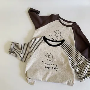 Kids Cotton Raglan Long Sleeve T-Shirt Cartoon Dog Panda Animal Print Casual Pullover Top For Boys Girls