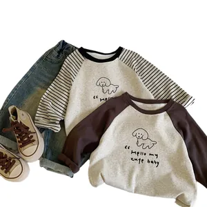 Kids raglan sleeve sweatshirt set with puppy print and vintage denim pants outfit