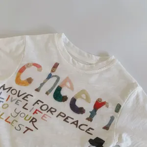 Kids white cotton T-shirt with colorful cheer letter print and round neck casual style
