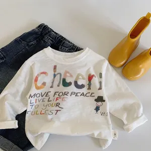 Kids Long Sleeve T-Shirt 100% Cotton Round Neck Casual Top For Boys Girls Cheer Letter Print Spring Autumn Clothing