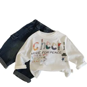 Kids long sleeve white T-shirt and denim pants set with colorful letter print