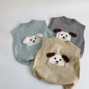 Lot de gilets tricotés pour enfants bleu gris et beige avec motifs de chiots 3D