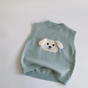Gilet tricoté pour enfants avec motif chien 3D vert menthe et bordures côtelées