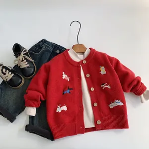 Cardigan in Maglia Rosso per Bambini Maglione Ricamo Cane Cartone Animato Manica Lunga Girocollo Abbigliamento Invernale Caldo Ragazzi Ragazze
