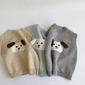 Gilet en Tricot pour Enfants Pull Sans Manches Chien de Dessin Animé Avec Oreilles 3D Mélange d'Acrylique Chaud Hiver