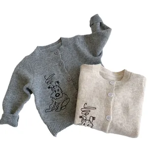 Kids knitted cardigan set in grey and beige featuring cute dog embroidery and buttons