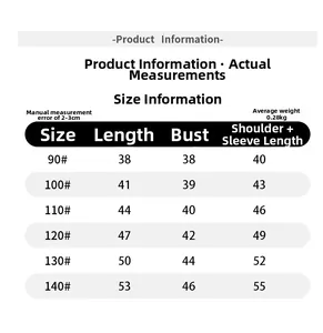 Detailed size chart for kids cartoon shirt including length, chest, and sleeve measurements