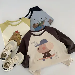 T-shirts manches longues coton pour enfants avec motifs ours et chien en trois couleurs