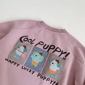 Detail of lavender cotton sweatshirt collar and cute cartoon puppy prints for kids