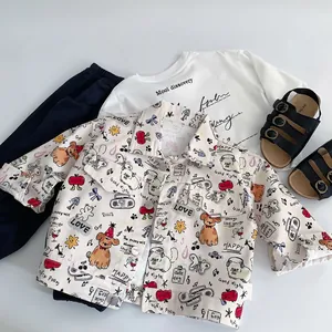 Kids Unisex Cartoon Dog Printed Cotton Long Sleeve Shirt Lapel Button Down Spring Autumn Casual Jacket For Boys Girls