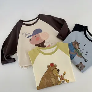 T-Shirt à Manches Longues Raglan en Coton pour Enfants Motif Dessin Animé Ours Chien Col Rond Contrasté Haut Décontracté