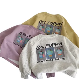 Kids long sleeve crewneck sweatshirts with cartoon puppy prints in three colors