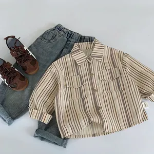 Chemise À Rayures Manches Longues Garçon 100% Coton Revers Boutonné Haut Décontracté Enfants Vêtements Automne Printemps