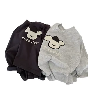 T-shirts manches longues enfant en coton gris avec motif mignon de chien de dessin animé
