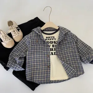 Chemise à Capuche à Carreaux Pour Enfants Garçons Filles Décontracté Manches Longues Blouse Style Coréen Tops 3-8 Ans