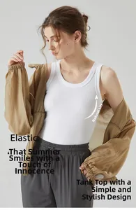 Close-up of the elastic ribbed texture on white racerback tank top for women