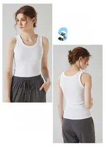 Front and back detail of white ribbed tank top with slimming fit and wide straps