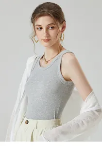 Detailed close-up of grey ribbed tank top paired with a white cardigan and gold jewelry