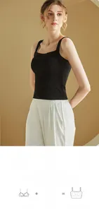 Detail of black square neck tank top with built-in padded bra and ribbed knit texture
