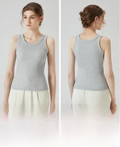 Front and back views showing grey ribbed cotton tank top texture and racerback fit