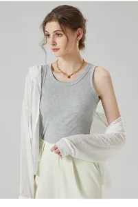 Detail of grey ribbed tank top paired with a light white cardigan and gold chain necklace