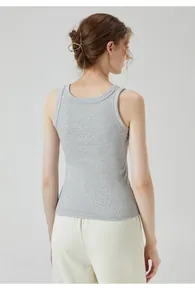 Close-up of ribbed cotton tank top back view in heather gray with slim fit design