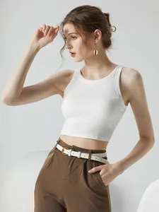 Débardeur Court Nervuré Femme Soutien-gorge Intégré Coussinets Fixes Viscose Dos Nageur Sans Manches Été Casual Sport Yoga