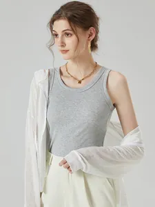 Classic grey ribbed cotton tank top for women styled with white cardigan and accessories
