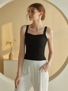 Slim fit black square neck camisole with built-in bra pads in ribbed cotton fabric