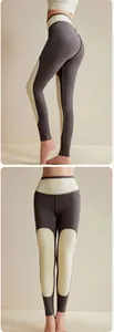 Détails du legging thermique bicolore taille haute en gris foncé et beige à patchwork