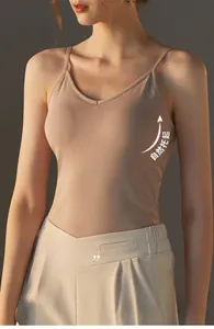 Detail of beige modal camisole featuring thin straps and V-neck with supportive cups