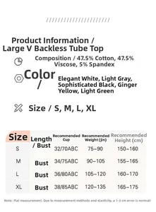 Detailed size chart for V-back cooling bralette with material specs and measurements