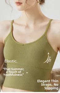 Detail of olive green ribbed camisole with thin straps and natural breast support