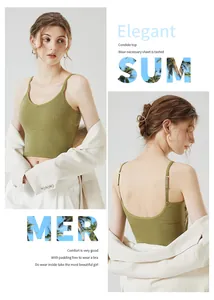 Detail view of olive green camisole with built-in chest padding and ribbed fabric
